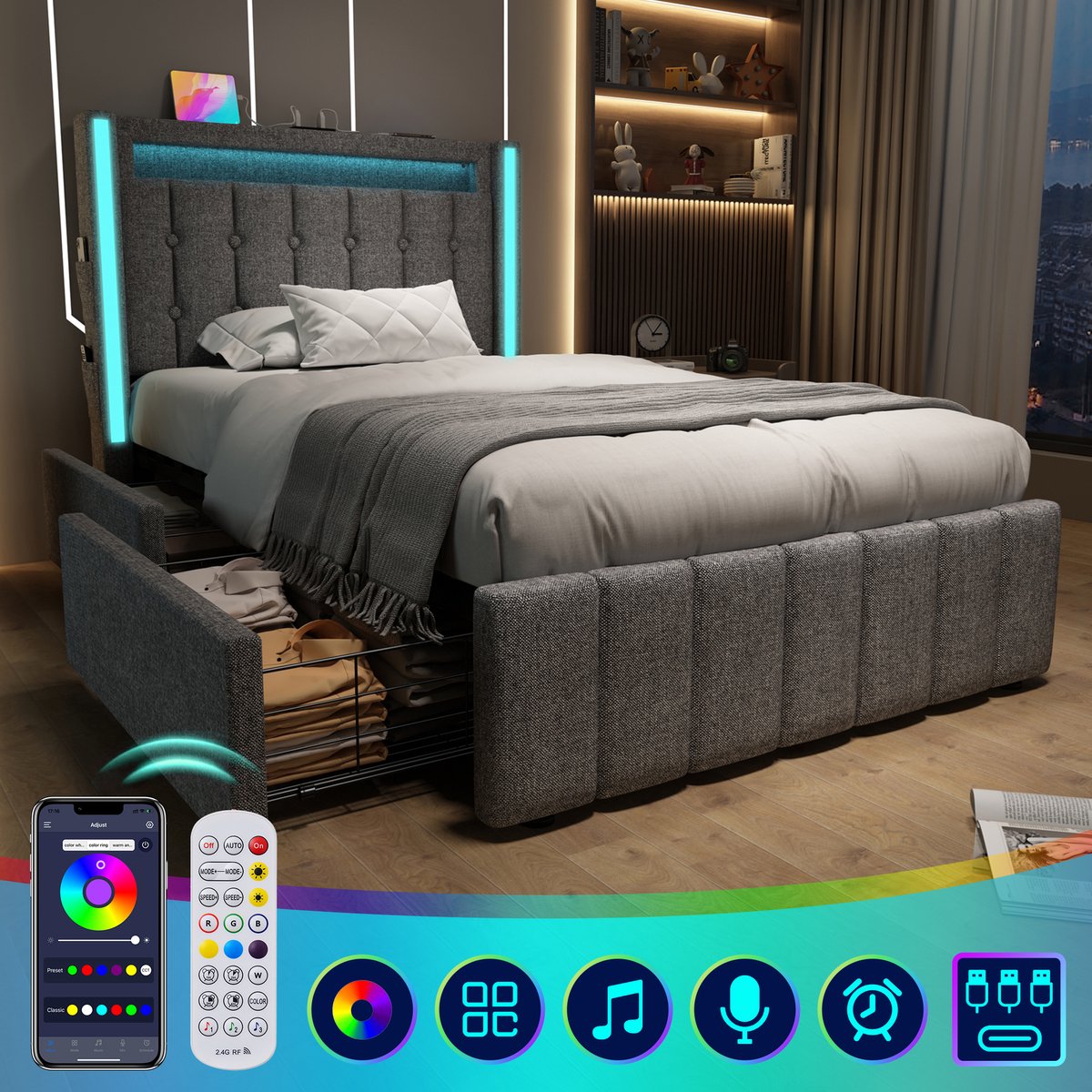 Gestoffeerd bedframe - voor matras 90 x 200 cm - grijs - met LED-verlichting en USB-aansluiting en opbergruimte en lattenbodem - voor de slaapkamer