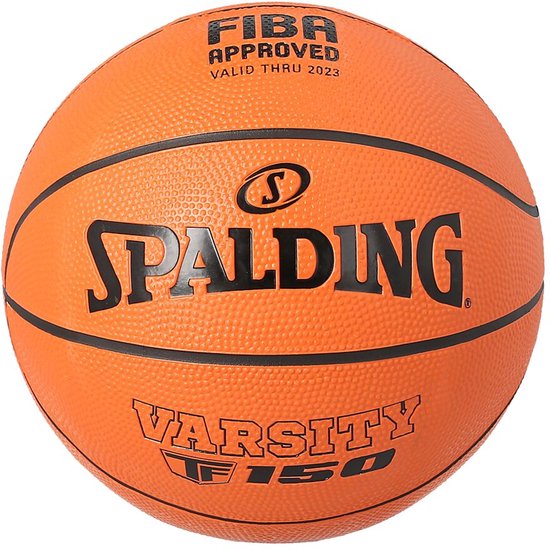 Oranje Spalding Varsity FI150 basketbal met 'FIBA APPROVED' en 'SPALDING' logo's.