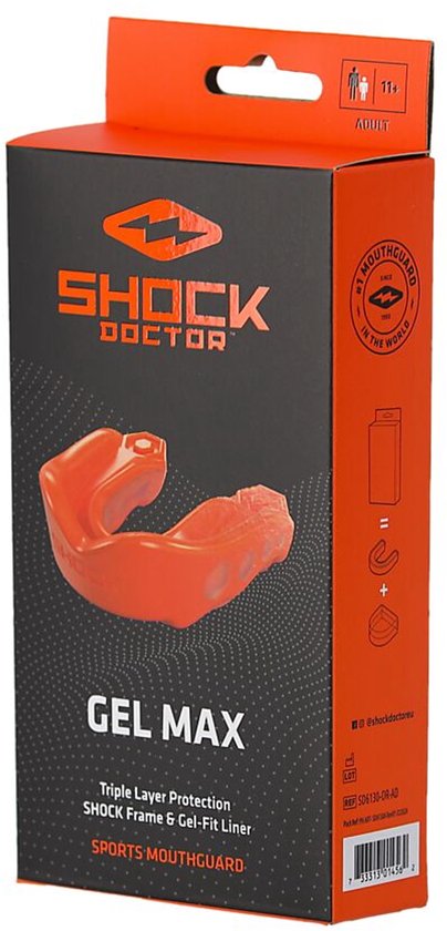 Verpakking van de oranje Shock Doctor Gel Max mondbeschermer met "GEL MAX" en "Triple Layer Protection" tekst.