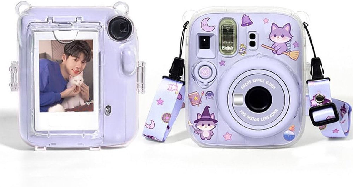 Transparante beschermhoes met kristallen behuizing, compatibel met Polaroid Fujifilm Instax Mini 13 Instant Camera met schouderbanden, stickers en foto-opbergvak, Paars, Harde