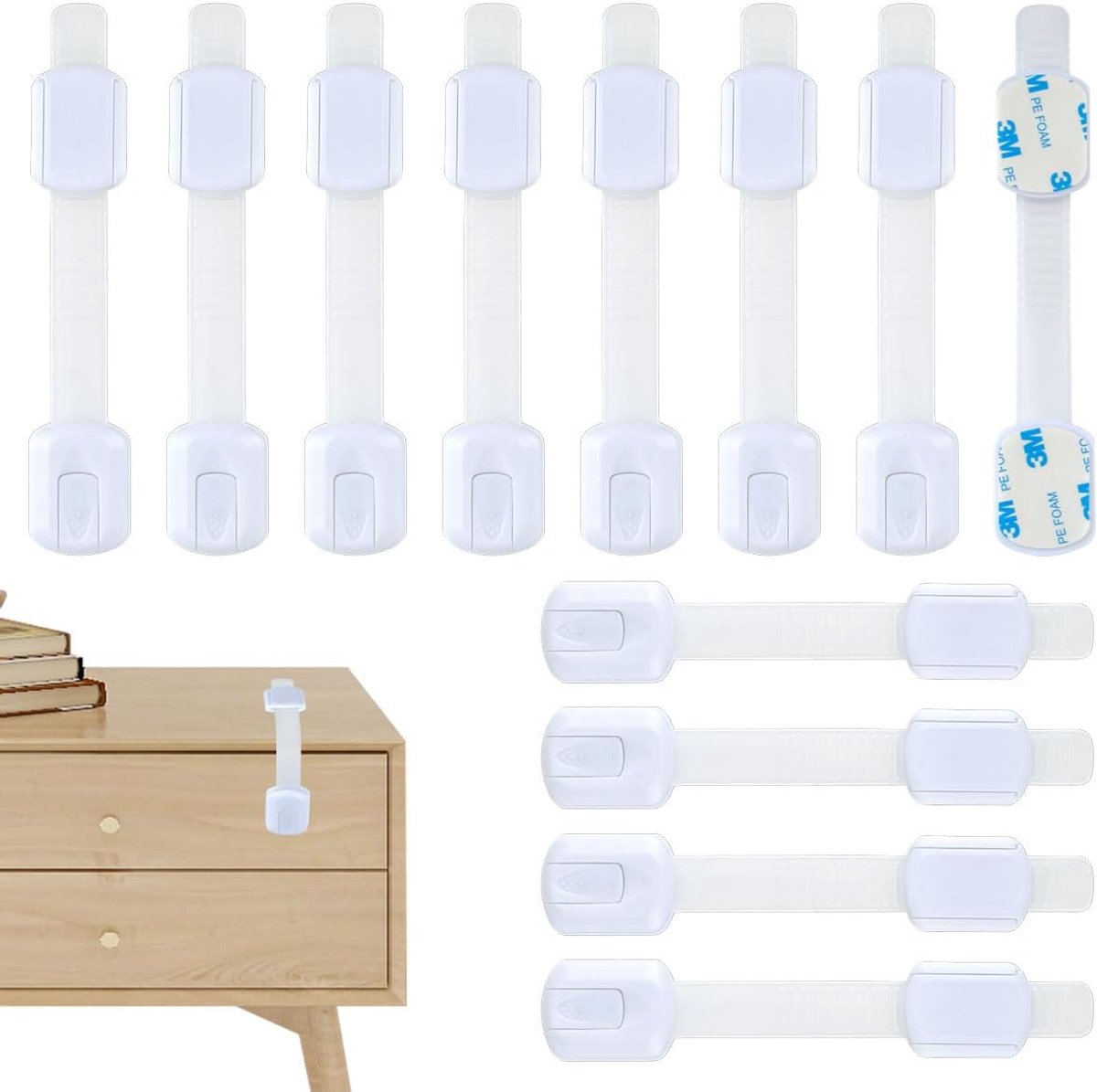 12 stuks kinderbeveiliging, kast en laden, kastbeveiliging voor baby's, kinderbeveiliging, kast met 3 m lijm zonder boren, in lengte verstelbaar, ladebeveiliging baby, voor kasten, koelkast, wit
