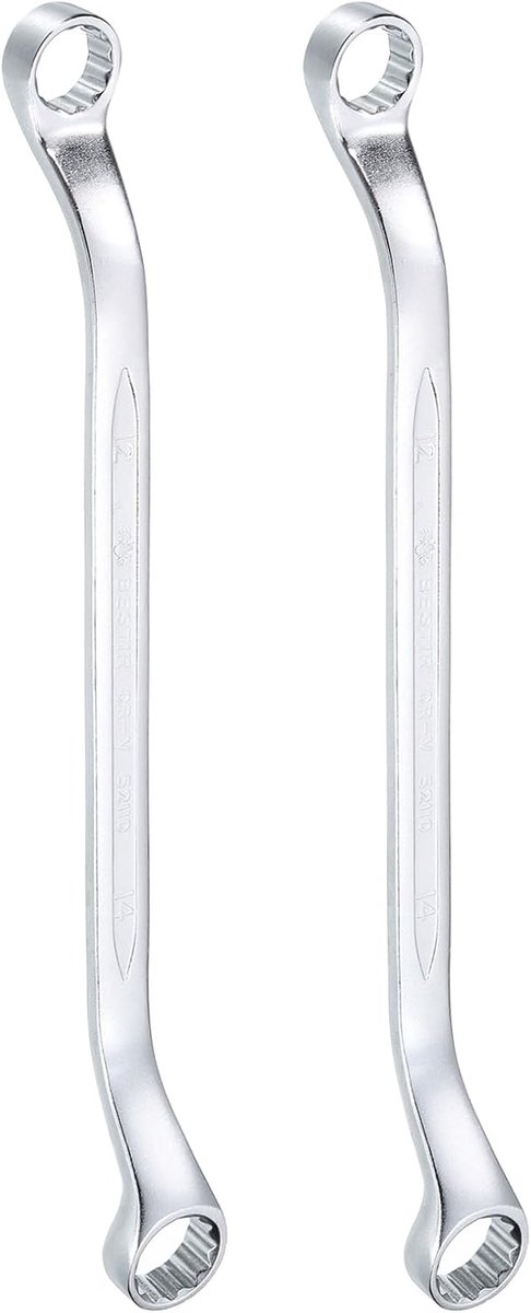 2 stuks 45 graden offset ringsleutel 12 mm x 14 mm 12-punts metrische CR-V dubbele ringsleutel chroom-vanadium-staal lang voor automotive en doe-het-zelfreparatie