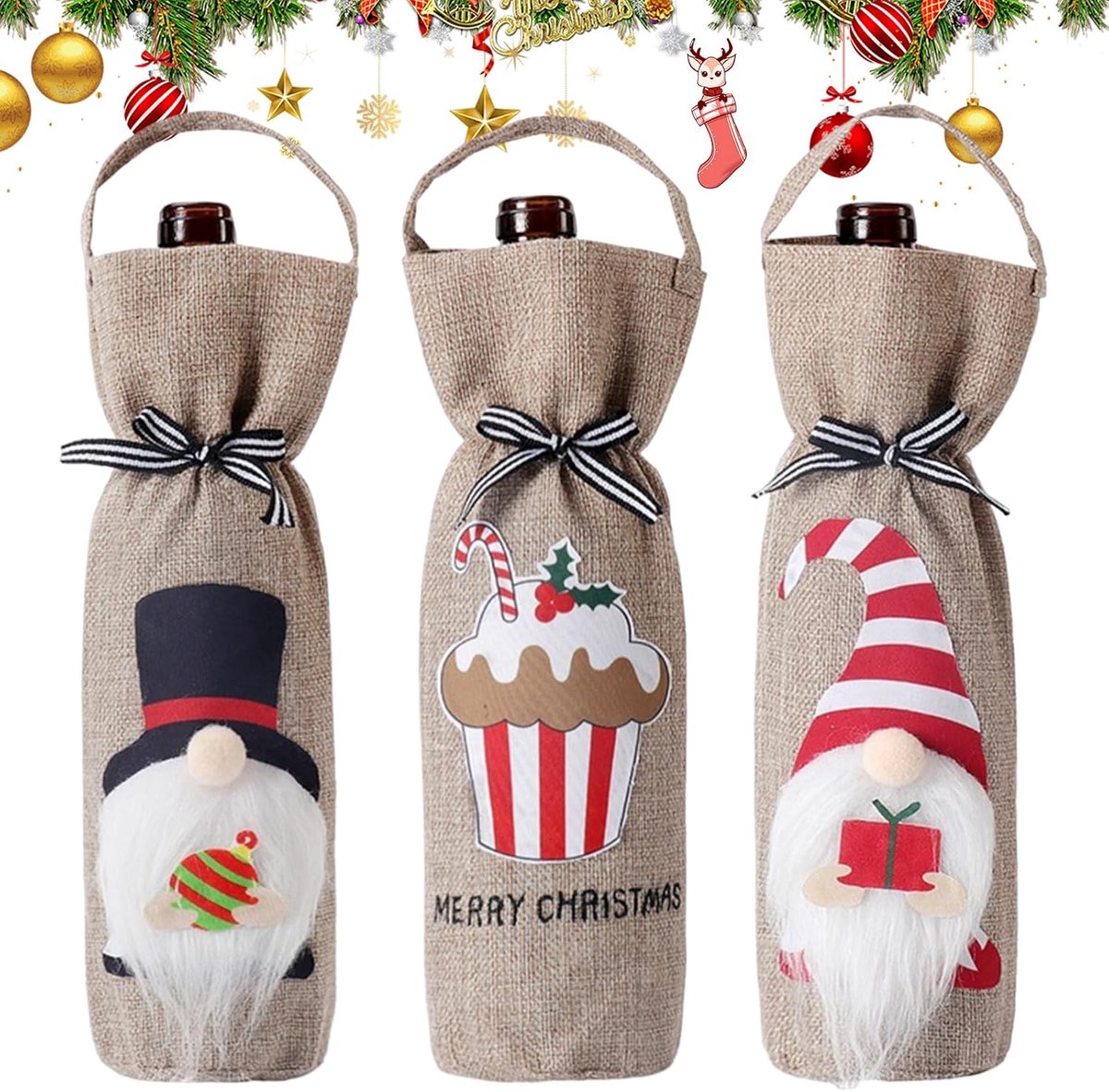 3 stuks wijnzakken voor Kerstmis, flessenzakken voor Kerstmis met trekkoord, wijntas, kerst-jute-wijnflescadeautassen, kerstwijnfleszakken voor kerstcadeaus