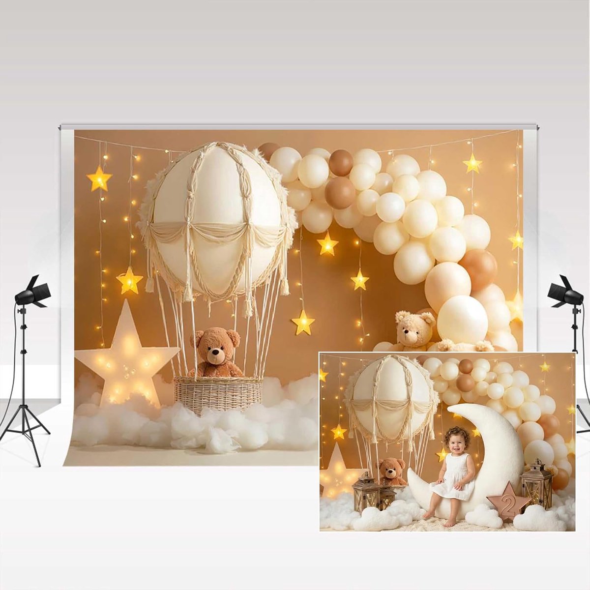 Heteluchtballon beer fotografie-achtergrond 2,2 x 1,5 m gouden sterren ballonboog jongen 1e verjaardagsfeestje decor taart smash achtergronden fotostudio