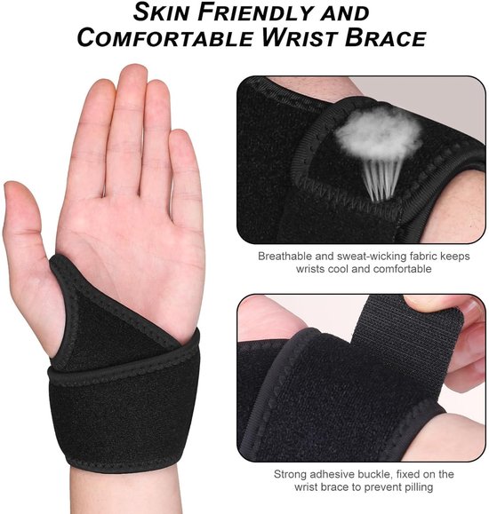Polsbrace met instelbare compressie - Verlicht pijn bij peesschedeontsteking, artritis & gewrichtsinstabiliteit - Ergonomisch, ademend & links/rechts bruikbaar - Zwarte sportpolssupport — afbeelding 2