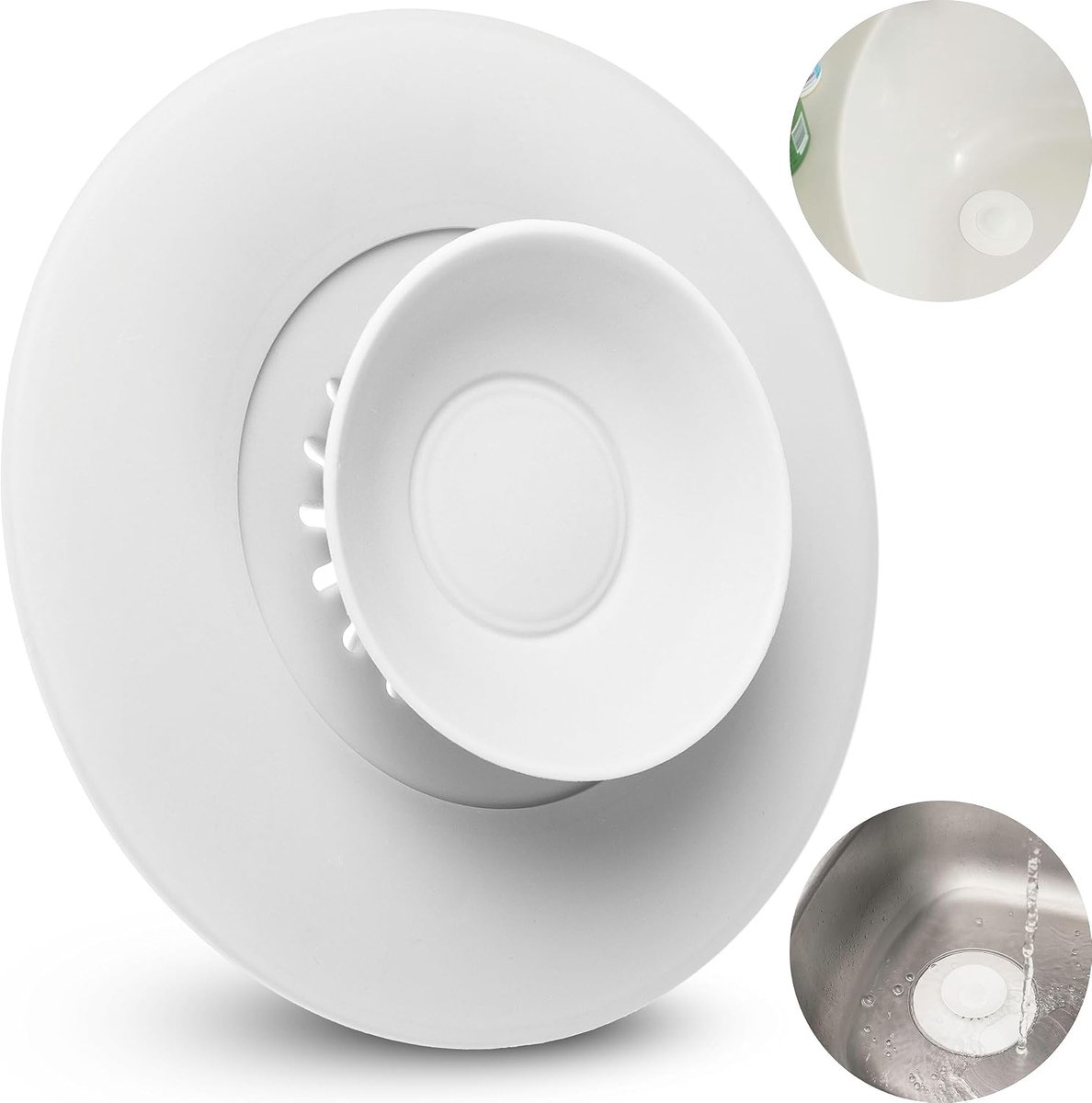 Afvoerplug, 1 stuk, Ø 11 cm, wit, siliconen, voor ventielafvoer tot Ø 100 mm, voedselresten- en haarzeef filter, afvoerzeef voor gootsteen, wastafel, badkuip, stopper keuken badkamerset