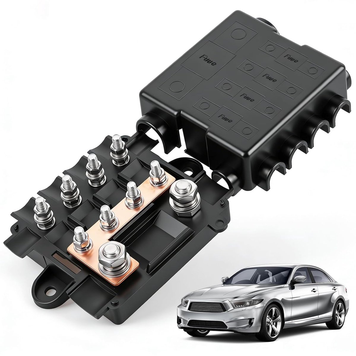 Zekeringhouder voor 1 x Mega + 4 x midi-zekeringen, compacte stroomverdeler, zekeringkast met polyamide behuizing en afdekking, stroomverdelingsbeveiliging, auto, boot, SUV, vrachtwagen, stijl B
