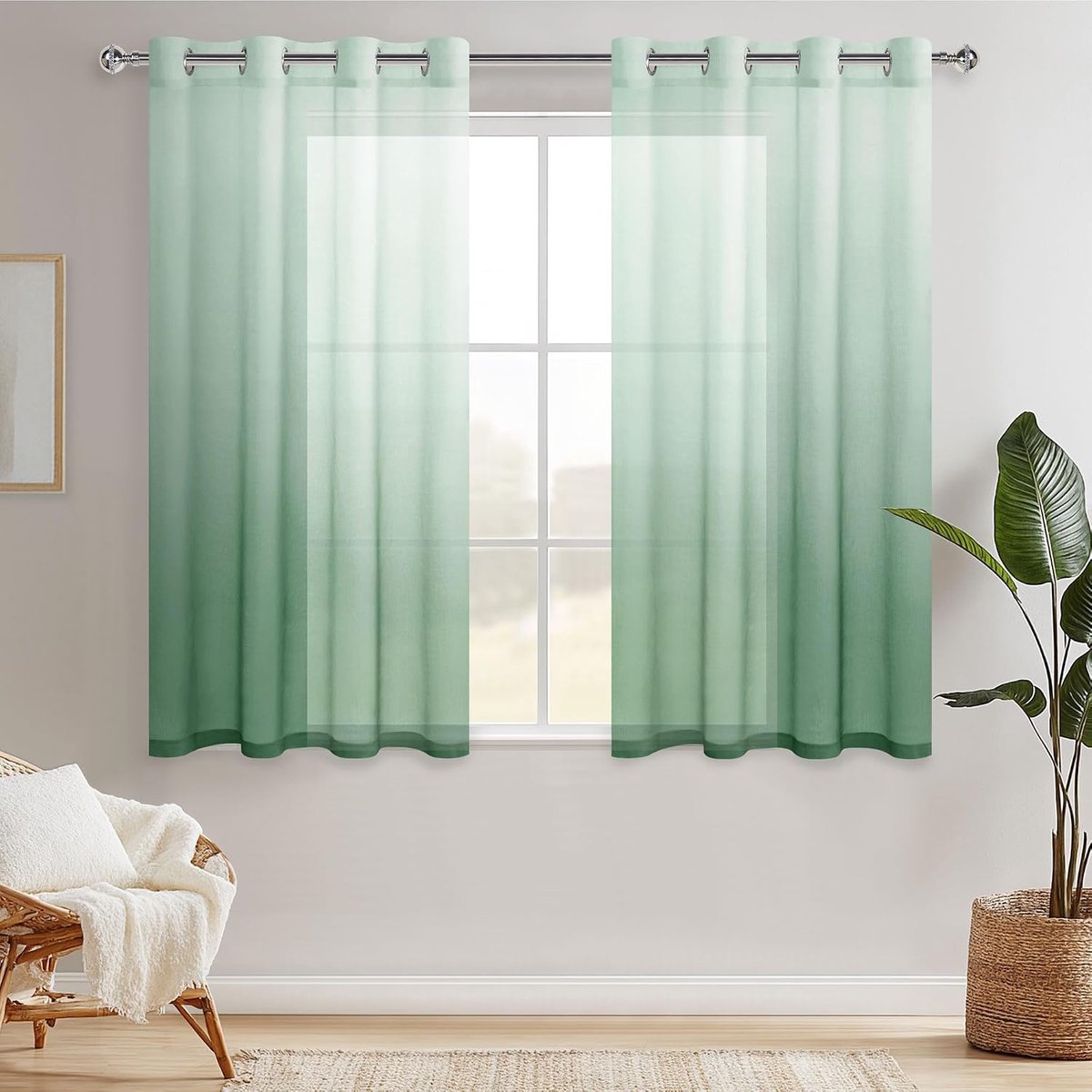 Groene gordijnen voile gordijnen met inslagringen kleurverloop half-transparant slaapkamer decoratie kort gordijn 145 cm x 140 cm (h x b) set van 2 wit saliegroen