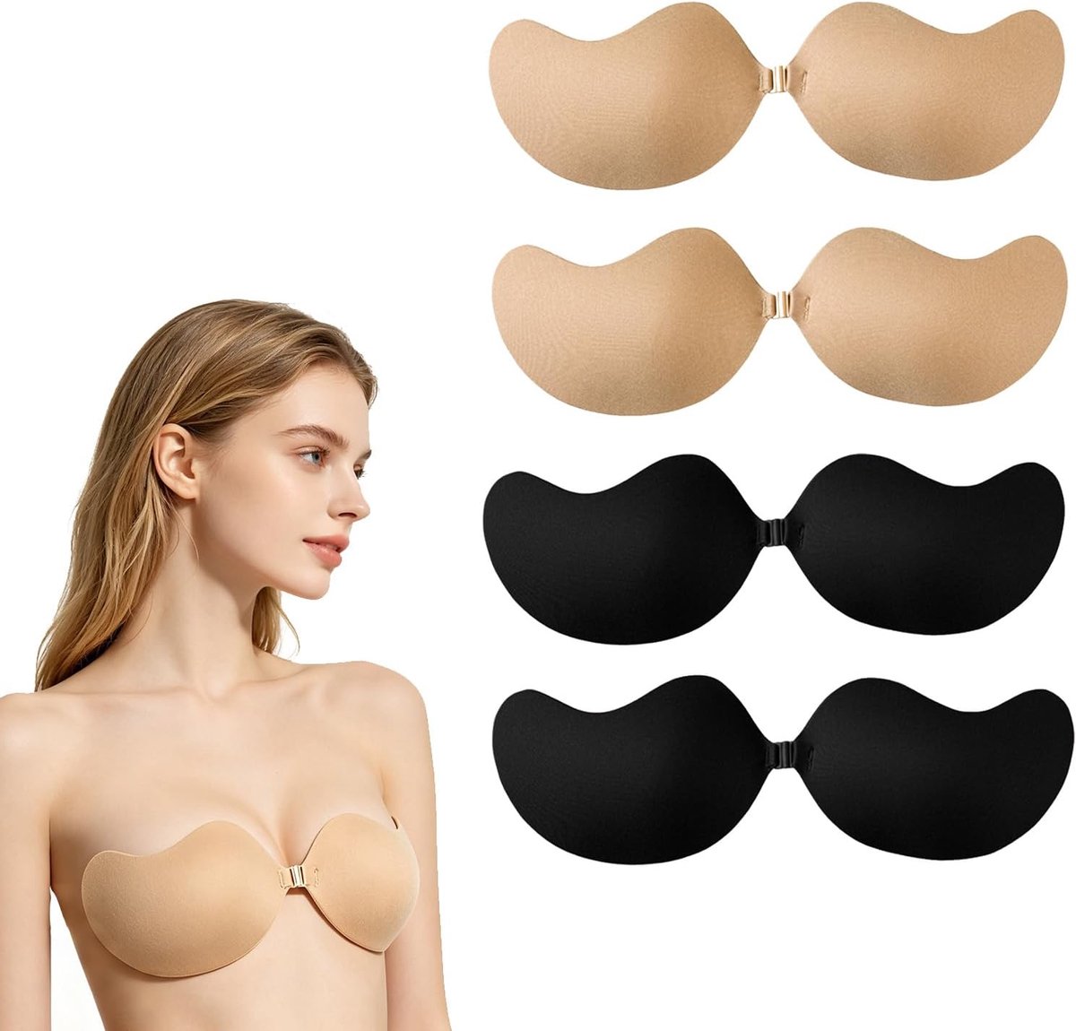 4 paar zelfklevende beha, push-up-beha, onzichtbare zelfklevende push-up-beha, rugvrije beha, voor avondjurken, trouwjurken