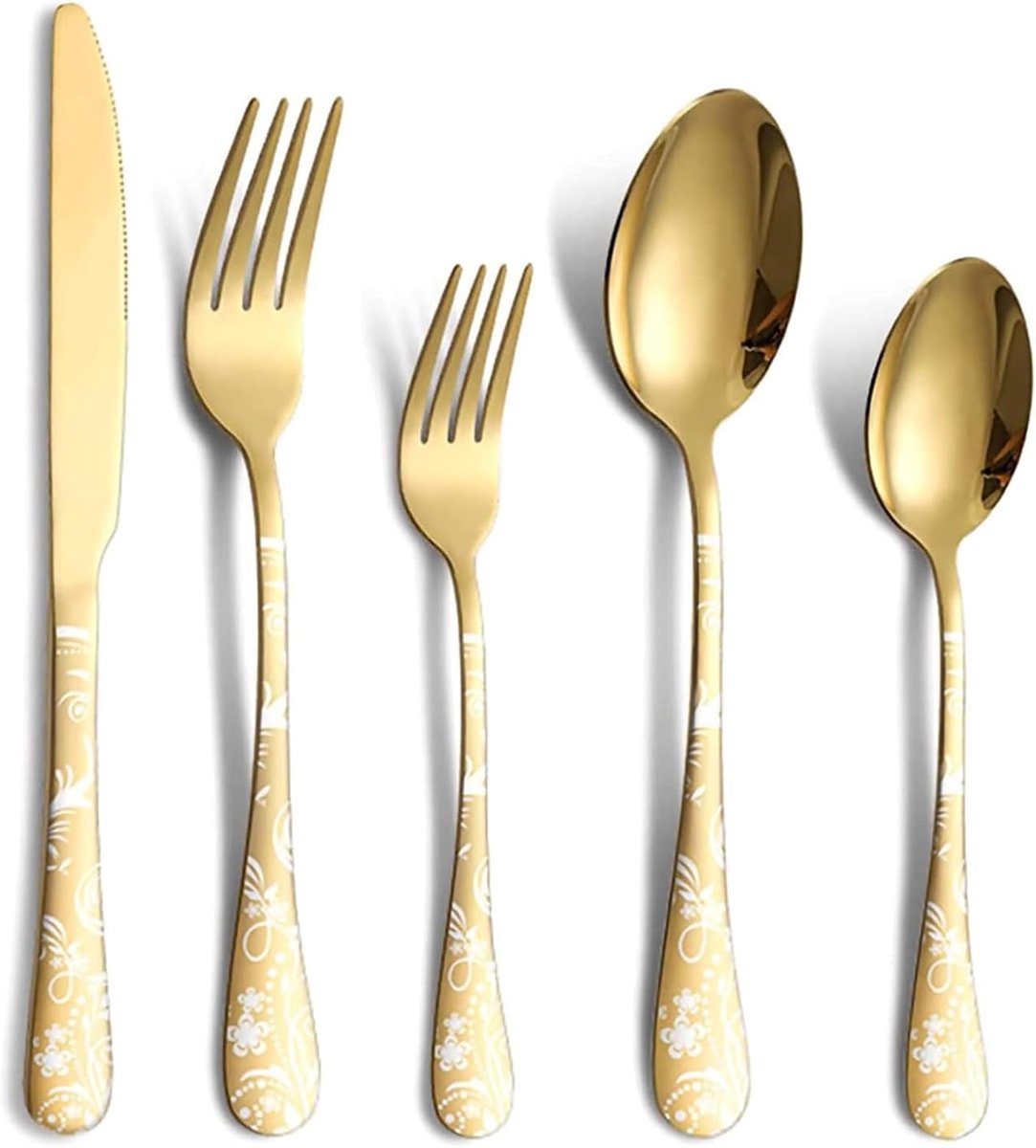 Bestekset voor 4, 20-pcs, gespiegeld, vaatwasmachinebestendig, campingbestek (goud)