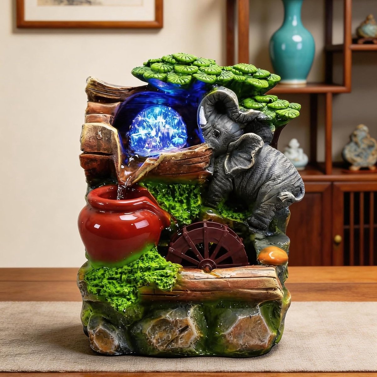 KamerFontein, Kamer Fontein Met Rollende Bal Tafelfontein Polyresin Olifant Rock Tuin Tafelblad 23x18x13cm