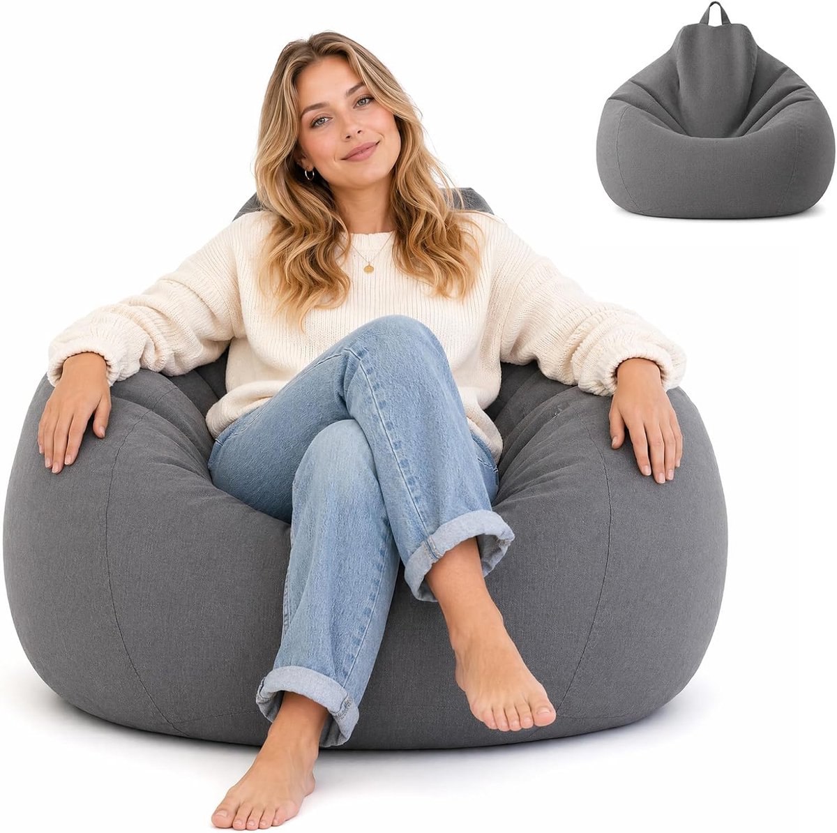 Zitzak overtrek XL 100 x 120 cm, 1 stuk, zonder vulling, donkergrijs | Duurzame hoes met 2 zakken, ritssluiting en draaggreep; de stof in linnenlook is machinewasbaar