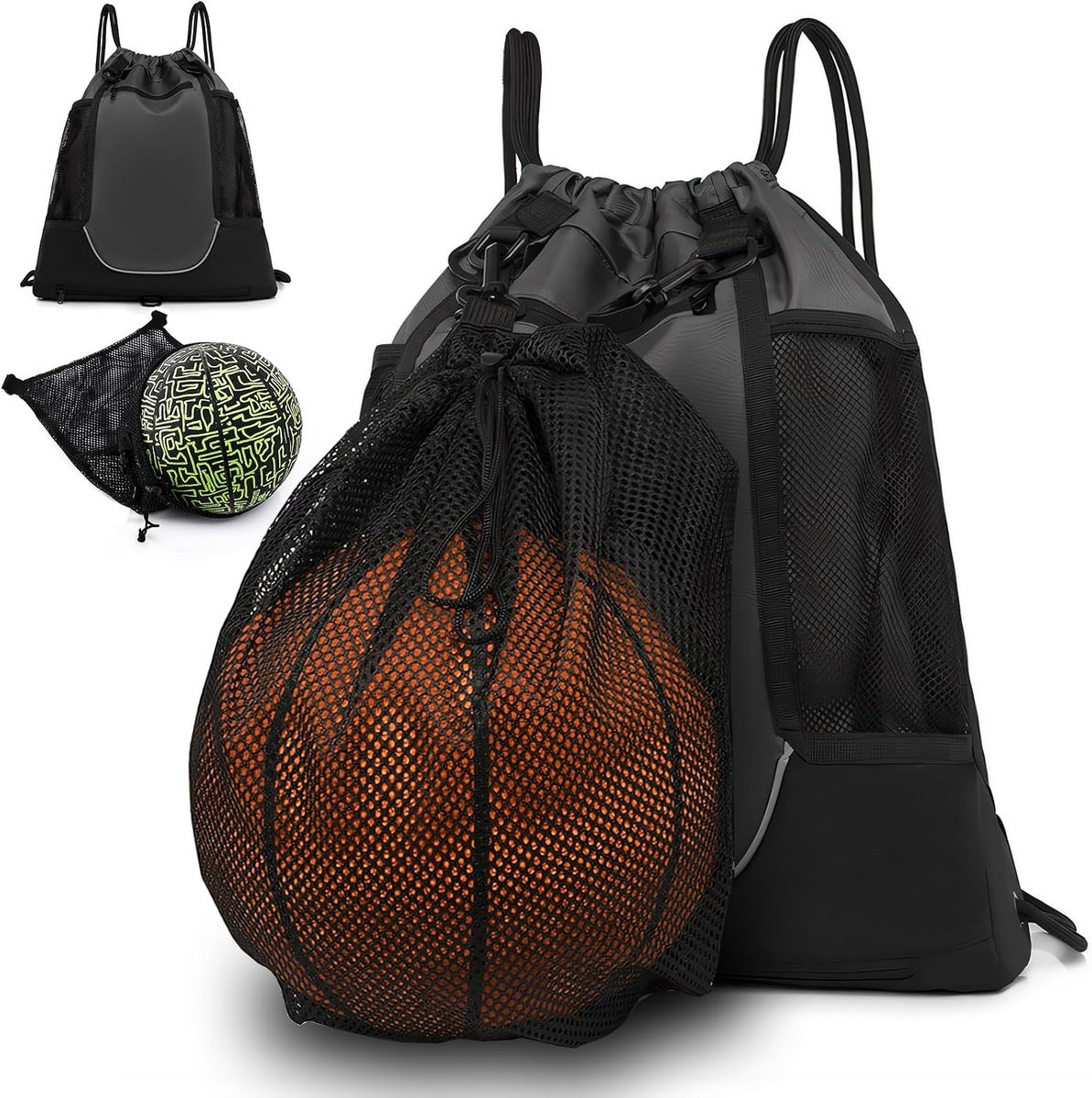 Basketbalrugzak met trekkoord voor kinderen, jongeren en volwassenen, opvouwbare sporttas met afneembare bal mesh tas voor sportschool, yoga, voetbal, volleybal, honkbal, grijs