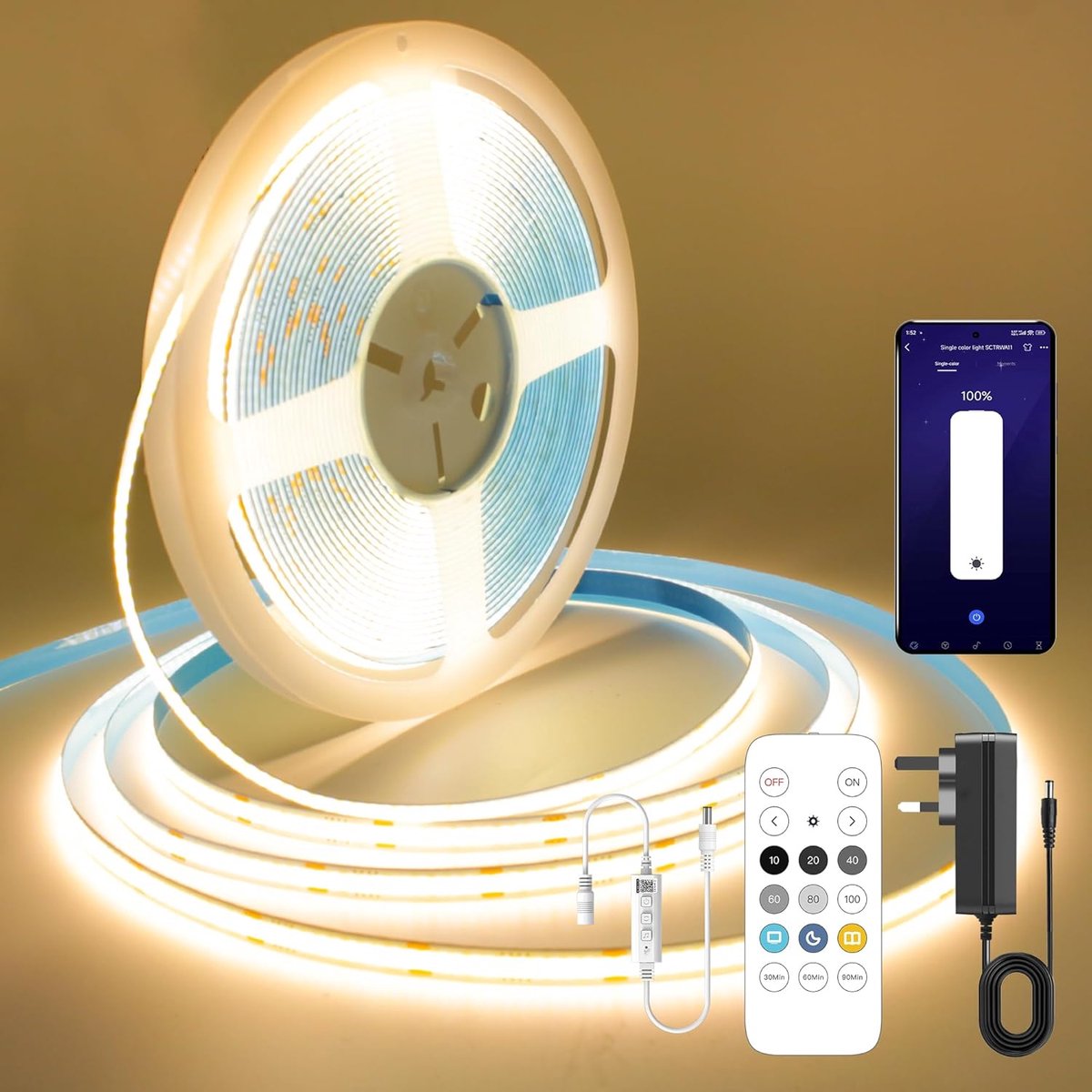 LED Strip 10m, 24V Warm White 2700K, APP Dimbare COB Strip met CRI90+, 8mm Breedte met Afstandsbediening en Voeding voor Slaapkamer, Keuken en Decoratie.