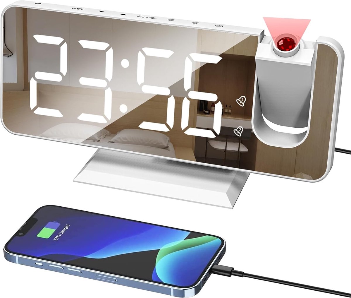 Projectie Wekker voor Plafondmuur Dual Alarm Instelling Snooze 12/24 H USB Oplaadpoort LED Spiegel Scherm Display 4 Niveau Helderheid Dimmer Wit-Wit