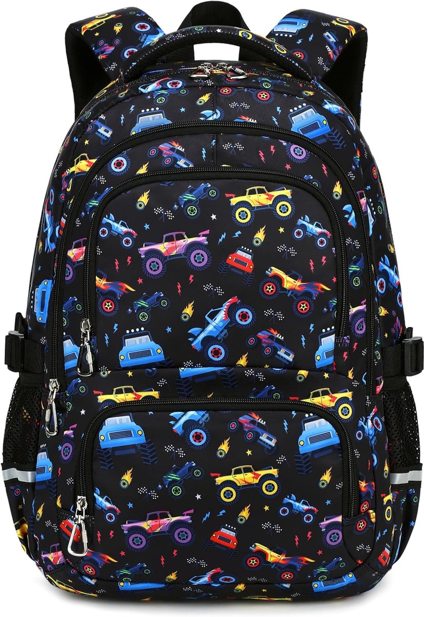 Schoolrugzak voor jongens vanaf 6 jaar, kinderrugzak voor basisschool en middelbare school, 45 cm groot formaat, ruime inhoud(monstertruck)