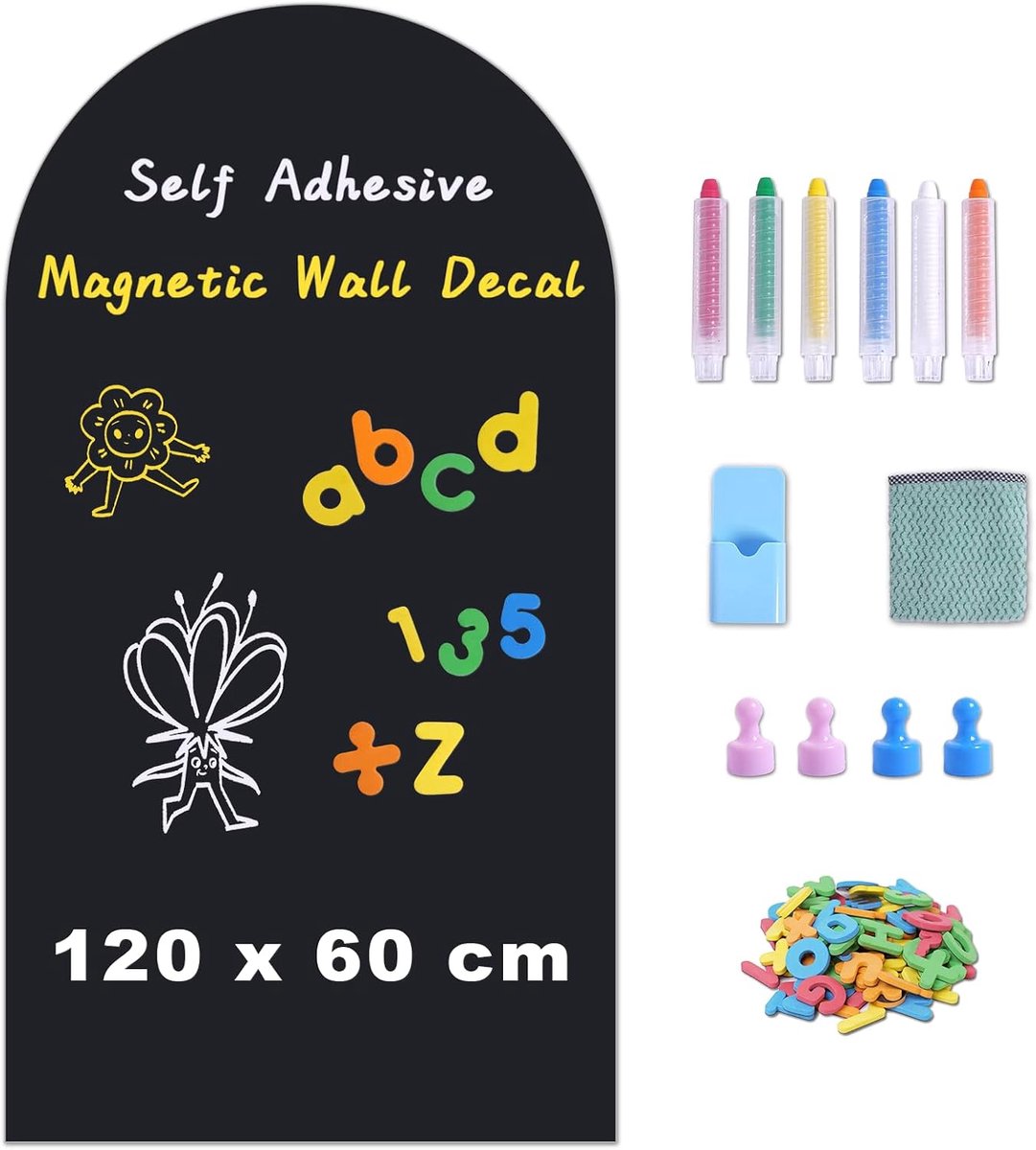 Magnetische Schoolbordfolie 120 x 60 cm | Zelfklevende Krijtbordfolie voor Muur – Inclusief krijt, wisser en pennenhouder – Ideaal voor huis, school en kantoor (Zwart)