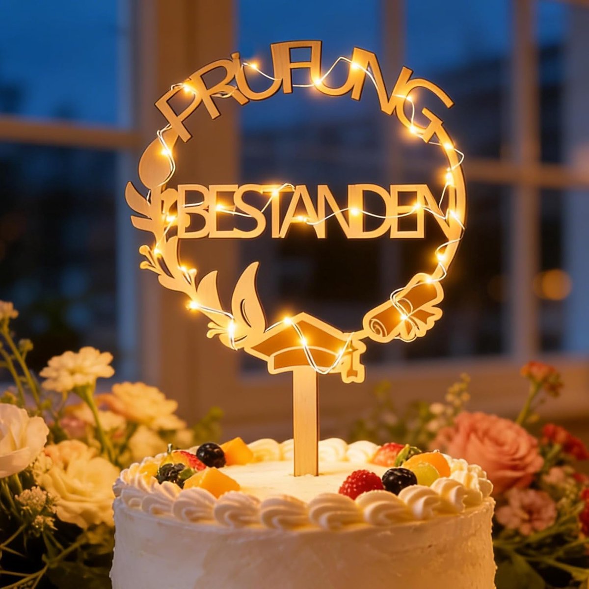 Taarttopper voor Afstuderen - Geslaagd voor je Examen! Houten Taarttopper met LED-Lichtsnoer, Decoratie voor Afstudeertaarten, voor Afstudeerfeesten, Schoolverlatingsvieringen en als Cadeau