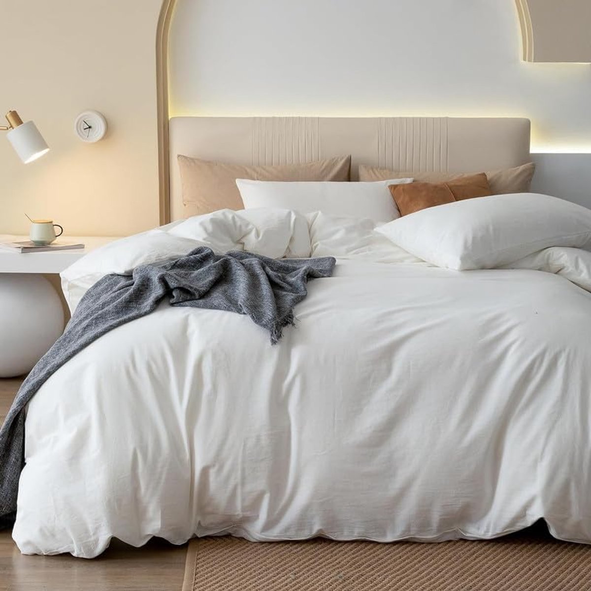 Katoenen beddengoed, 155 x 220 cm, crèmewit, 3-delig, tweepersoonsbed, effen beddengoedset, zacht, ÖkoTex-gecertificeerd voor mensen met allergieën, zacht dekbedovertrek, katoen en 2 kussenslopen