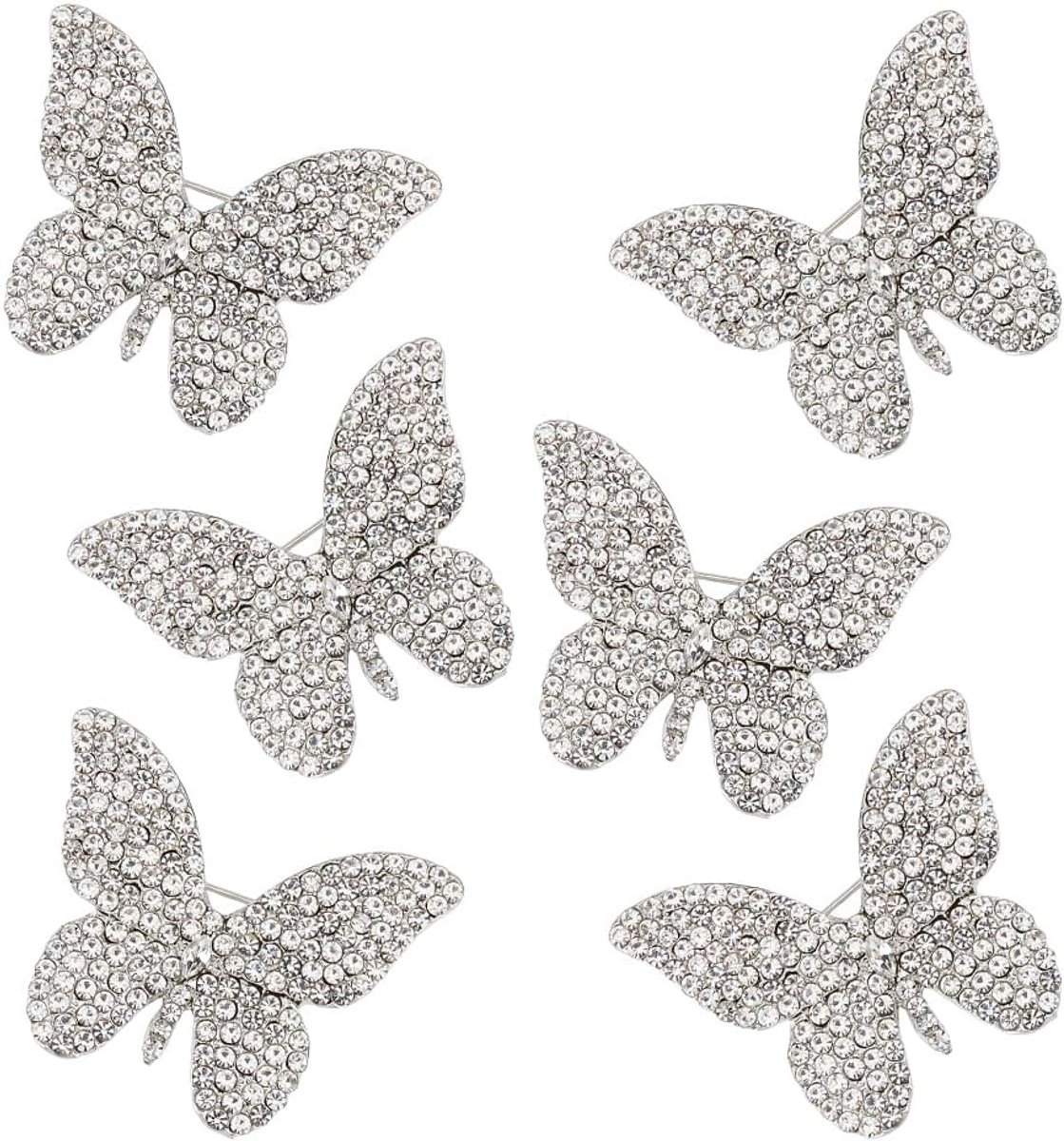 6Pcs Zilveren Vlinder Broche Legering Strass Vlinder Pin Metalen Dier Broche Pin Crystal Vlinder Broche Voor Moederdag Valentijnsdag Gift