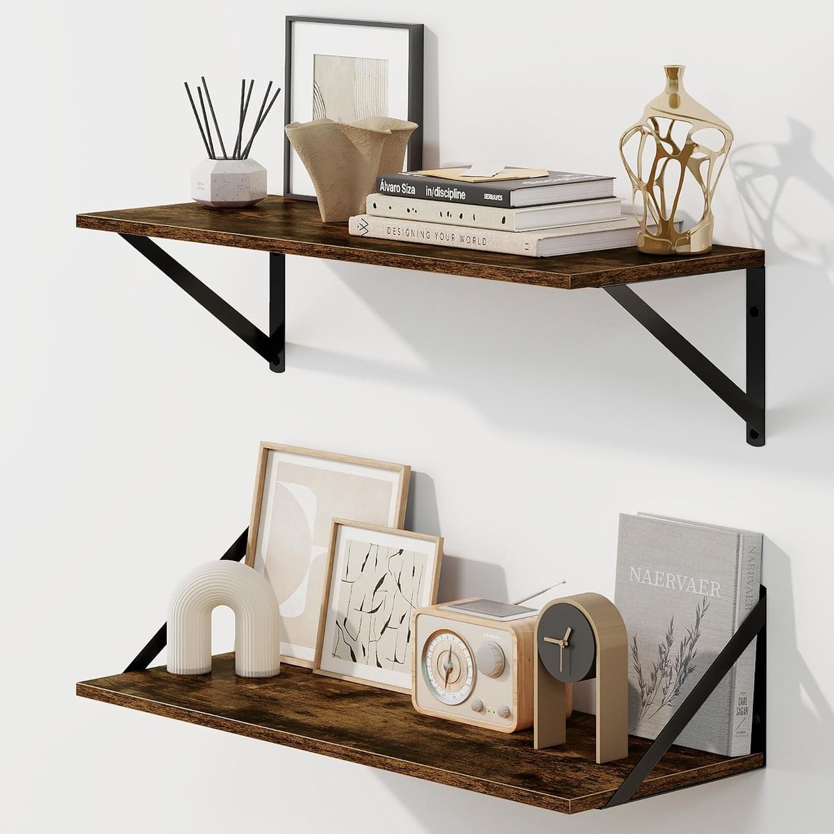 Zwevende planken voor muur, 24 W x 8D wandgemonteerde planken, set van 2, brede displayranden planken met stevige metalen beugels voor woonkamer, badkamer, slaapkamer en keuken