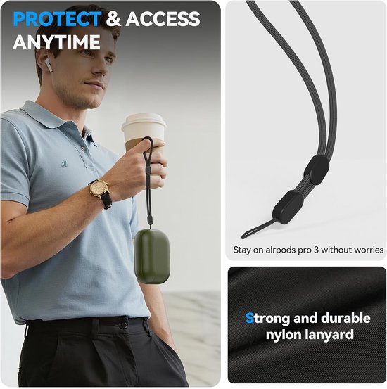 Valbeveiliging voor AirPods Pro 3 Hoes, Army Green - Val-, kras- en slijtvast. Bedraad & draadloos laden. Met reinigingspen en ketting. — afbeelding 5