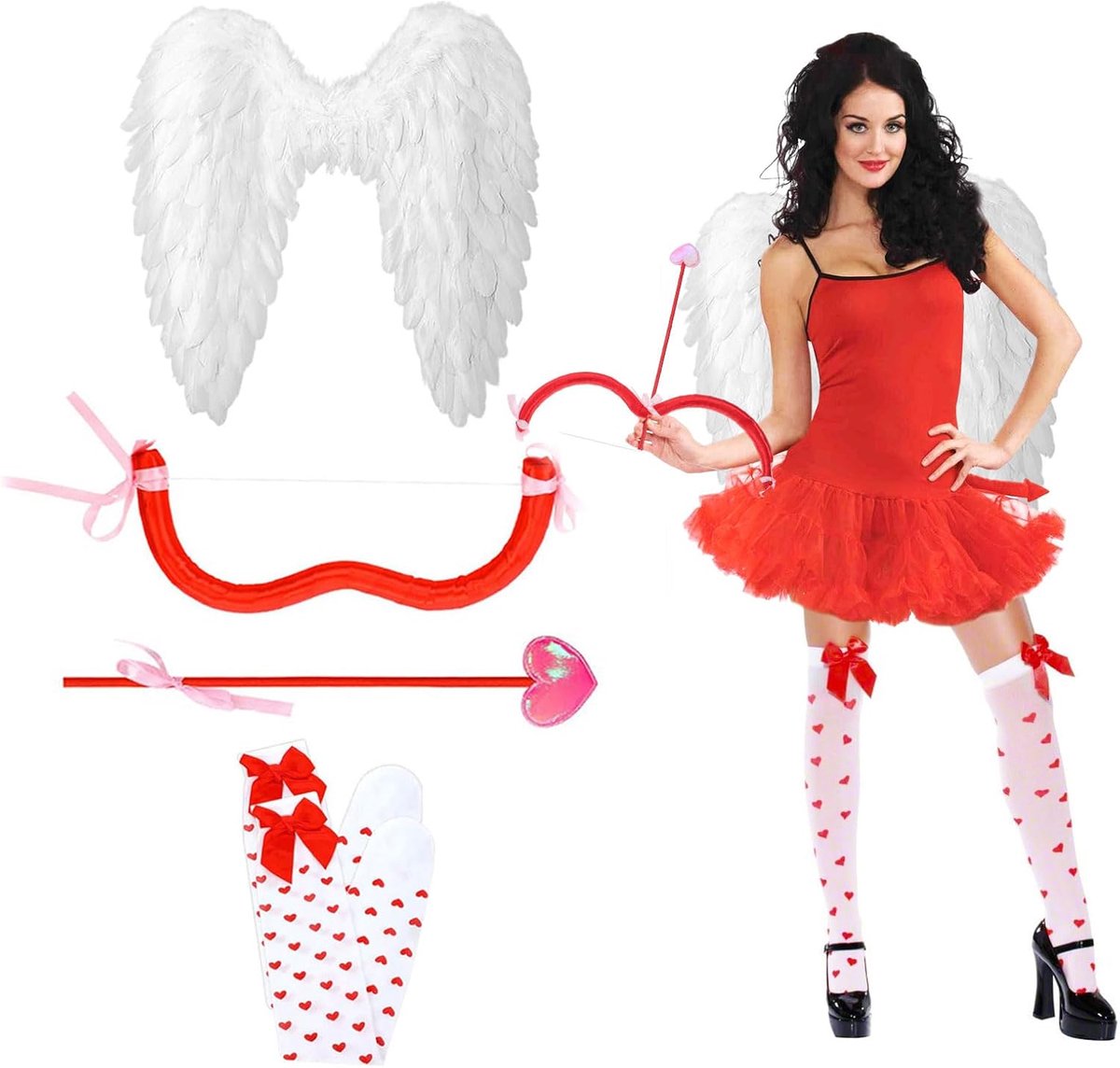 Valentijnsdag, Cupido-kostuum Dames met veren vleugels Engel, Cupido-kostuum, Cupido pijl en boog set, Cupido-kostuum, Kniekousen met hartstrik | Cupido-kostuum voor dames met veren vleugels, pijl en boogset, hoofdband en kousen met strik