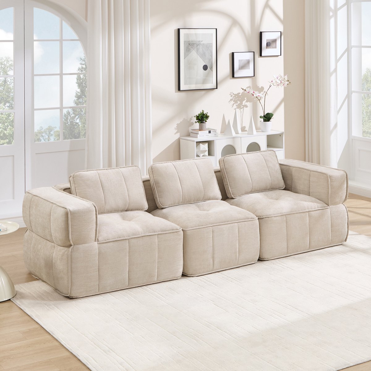 MIVRAY Bank 3-Zits 271 x 93 x 67 cm Modulair, Zonder Montage, 32D Hoogdichtheidsschuim, Voor Woonkamer, Polyester, Beige