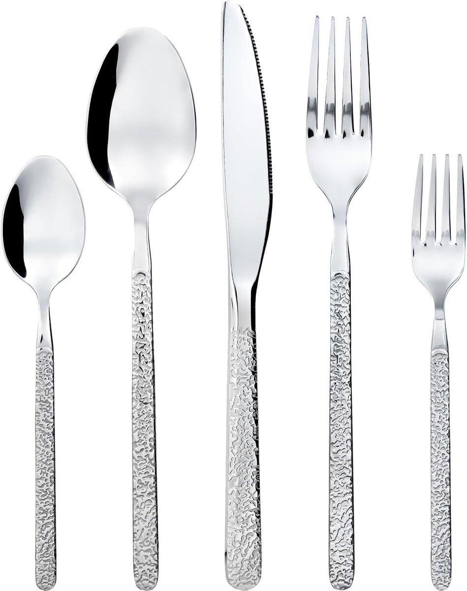 30-delig, voor 6 personen, roestvrij staal, met messen en vorken, lepel, textuurdesign, eetbestek, vaatwasmachinebestendig