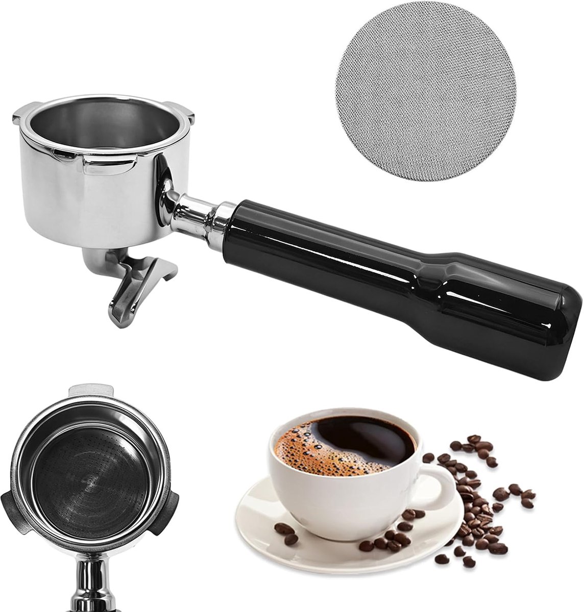 51 mm, espressozeefhouder, filterhouder 51 mm, 3 oren met dubbele uitloop, roestvrijstalen filterhouder met 150 micron koffiefilter voor koffiegenot thuis of op kantoor, zwart