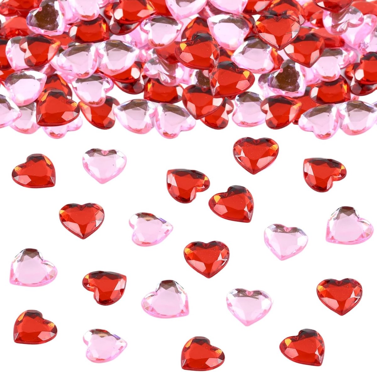 200 stuks diamantkristallen in hartvorm, hart van strass-steentjes met platte achterkant, 12 mm, acryl, hart voor Valentijnsdag, vaasvulling, knutselen, bruiloft, tafeldecoratie (rood + roze)