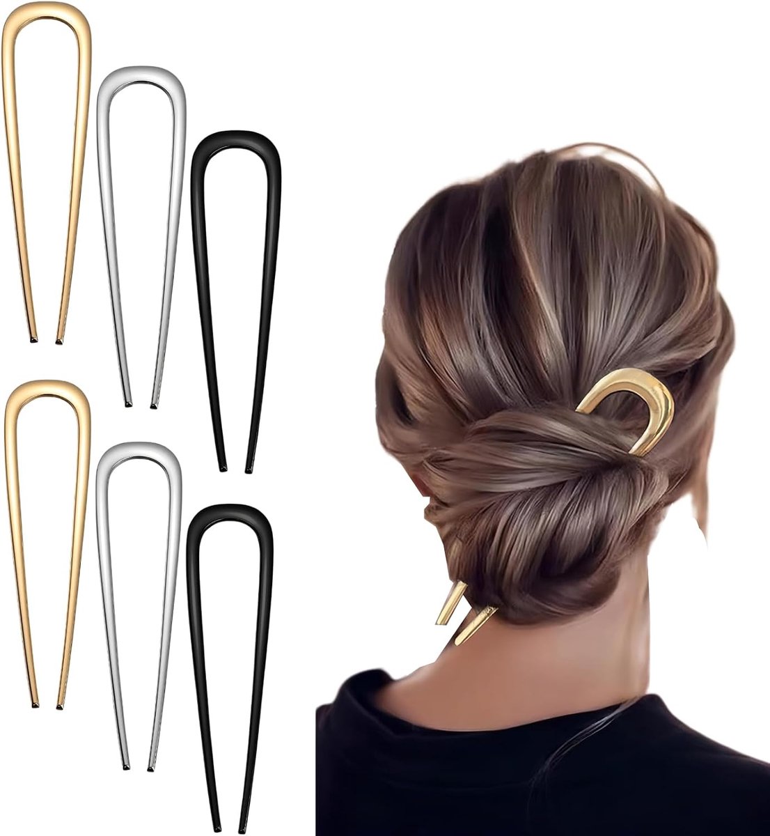 Haarvork, 6 stuks, goud/zilver/zwart, elegante U-vormige haarspelden voor opgestoken kapsels