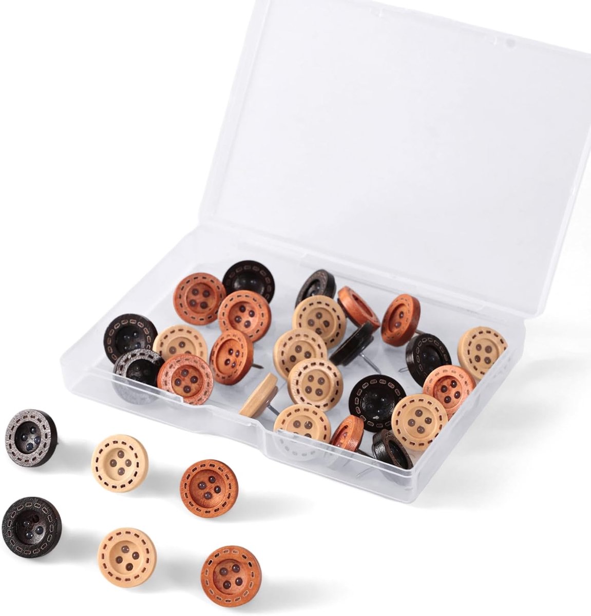 Punaises, 3 Kleuren Retro Knoopjes-Look Punaises met Transparante Opbergdozen voor Prikbord Kurkbord Kaart Kalender Foto Display(Zwart, Beige, Bruin)