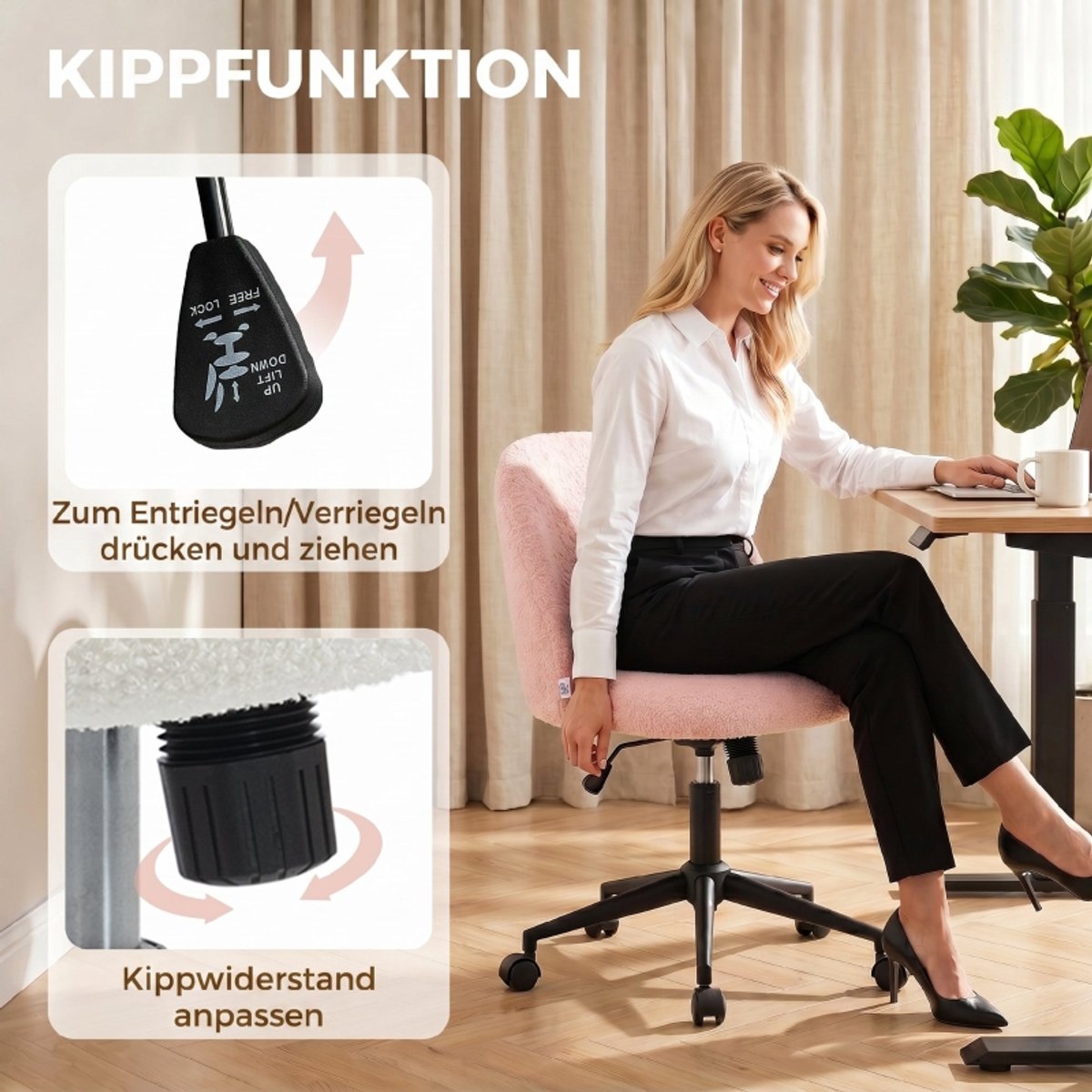 COVREO Bureaustoel 52x59x84,5 cm roze stof, draaibaar met wielen