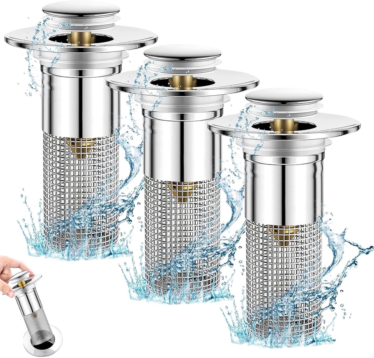 Wasbakplug set van 3, universeel voor 34-40mm afvoer, met haarfilter en waterstopfunctie