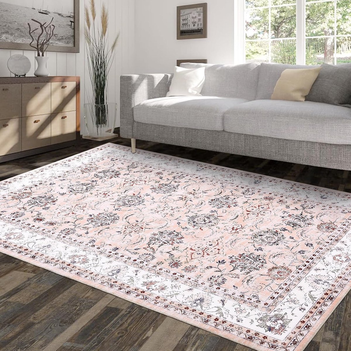 Vintage Vloerkleed - Wasbaar Antislip Medaillon Motief - Roze - 140x200 cm