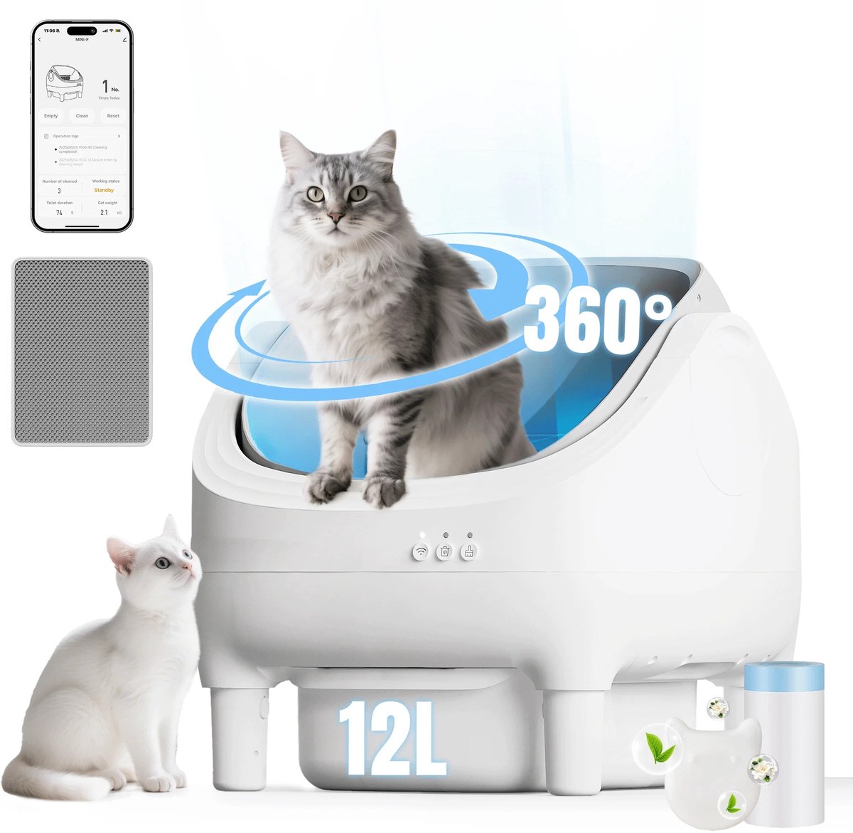 Cellista Automatische Kattenbak – Zelfreinigende Kattenbak – Slim Kattentoilet – Kattenbak met Geurregeling – 12L Opvangbak – 2.4G WiFi – APP Bediening – 12V – 15 kg