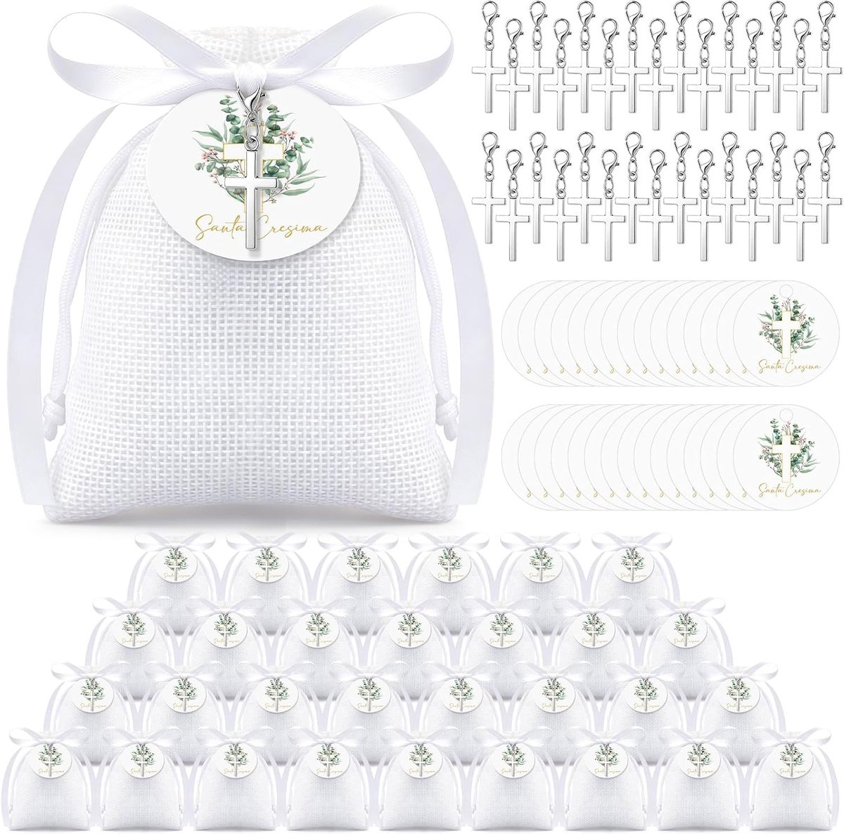 30 Sets Vormselbedankjes, Cadeaulabel met Wit Lint, Kruisje Sleutelhanger, Witte Tas, Bedankjes voor Vormsel, Communie, Doop, Geboorte en Bruiloft