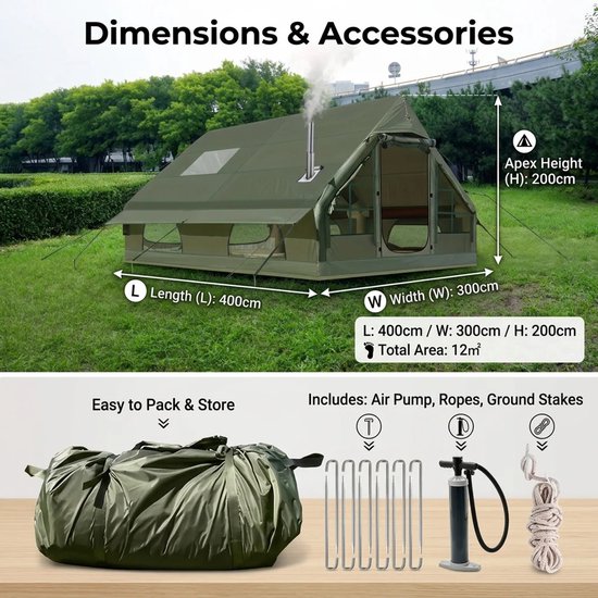 Joorly Opblaasbare tent - Pop up tent - Kampeertent - Oxford-stof - Kamperen - Windbestendigheid - 400x300x200cm - Voor 5 tot 8 personen - Groen — afbeelding 5