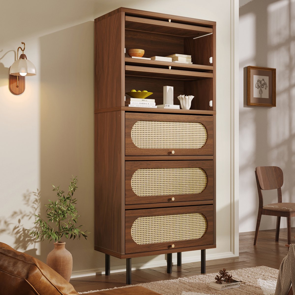 Hoge Opbergkast 80x40x163 cm - Kast Met 5 Deuren, Rotanlook, Houten Kast Met Metalen Poten - Walnoot