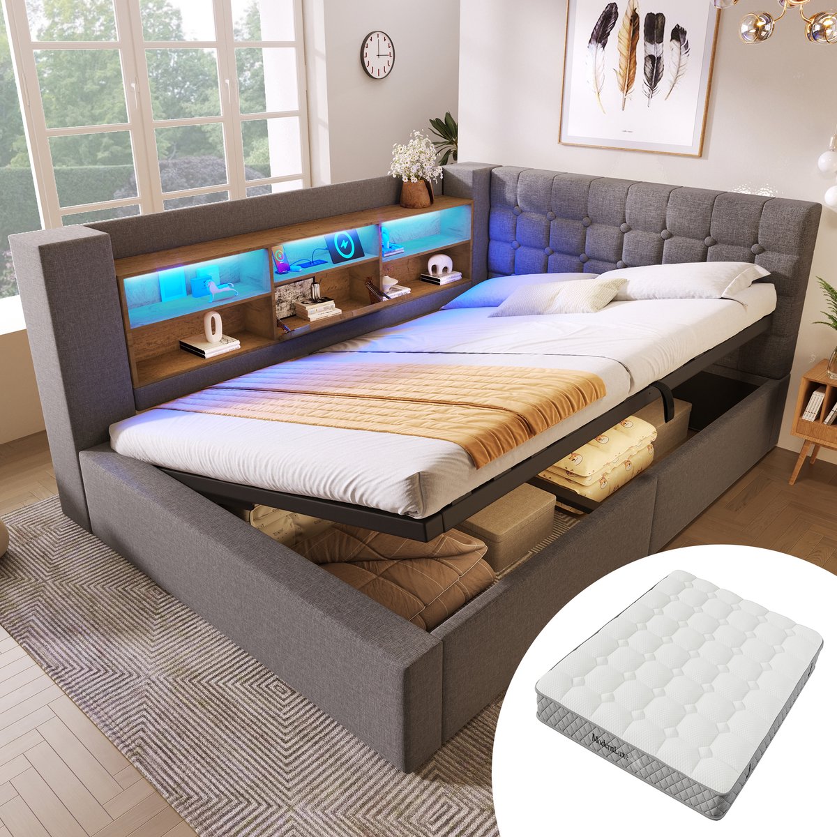 Bedframe - 140x200 Cm - Bed - Met Lattenbodem - Met Opbergruimte - LED - USB C - Grijs - Met Matras