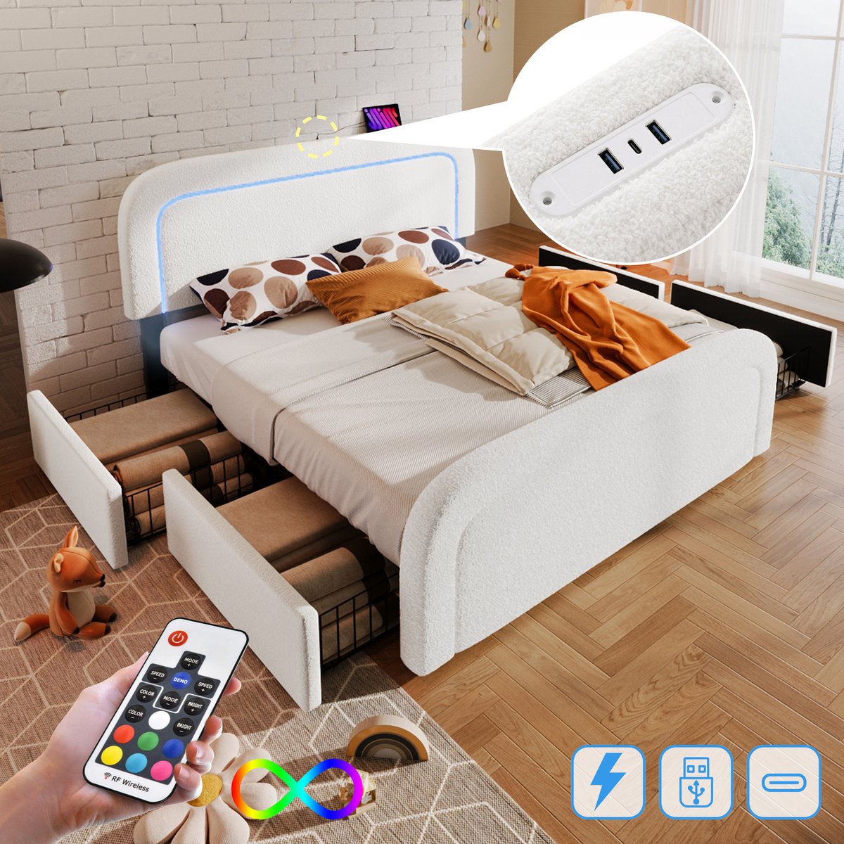 Bedframe - 160x200 Cm - Bed - Met Lattenbodem - Met Opbergruimte - LED - USB C - Wit - Zonder Matras