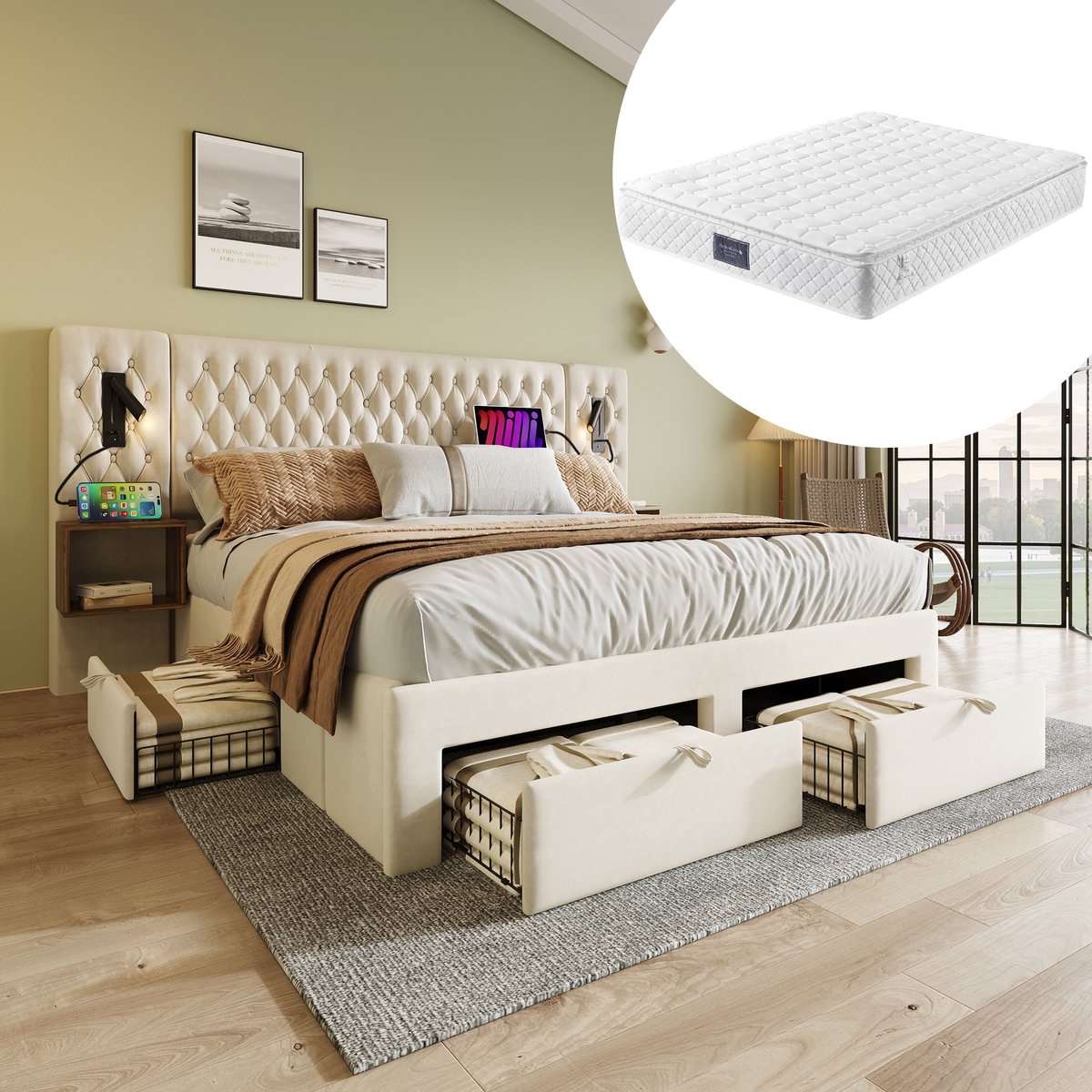 Bedframe - 160x200 Cm - Bed - Met Lattenbodem - Met Opbergruimte - LED - USB C - Beige - Met Matras