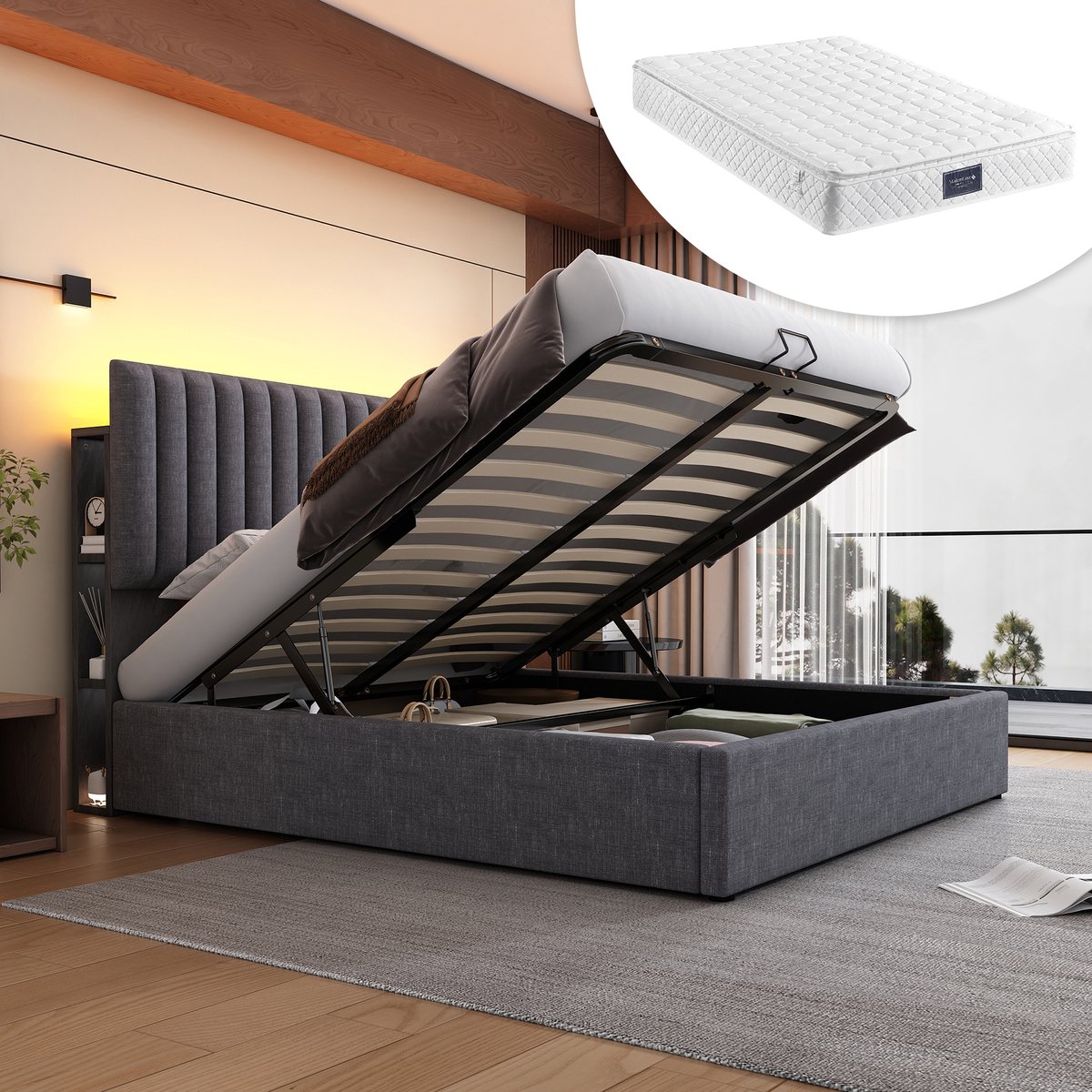 Bedframe - 160x200 Cm - Bed - Met Lattenbodem - Met Opbergruimte - LED - USB C - Grijs - Met Matras