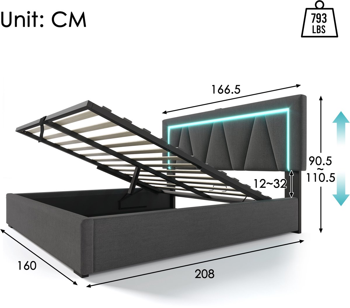 Bedframe - 160x200 Cm - Bed - Met Lattenbodem - Met Opbergruimte - LED - USB C - Grijs - Met Matras