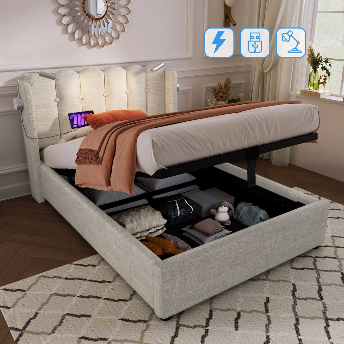 Bedframe - 90x200 Cm - Bed - Met Lattenbodem - Met Opbergruimte - USB C - Naturel - Zonder Matras