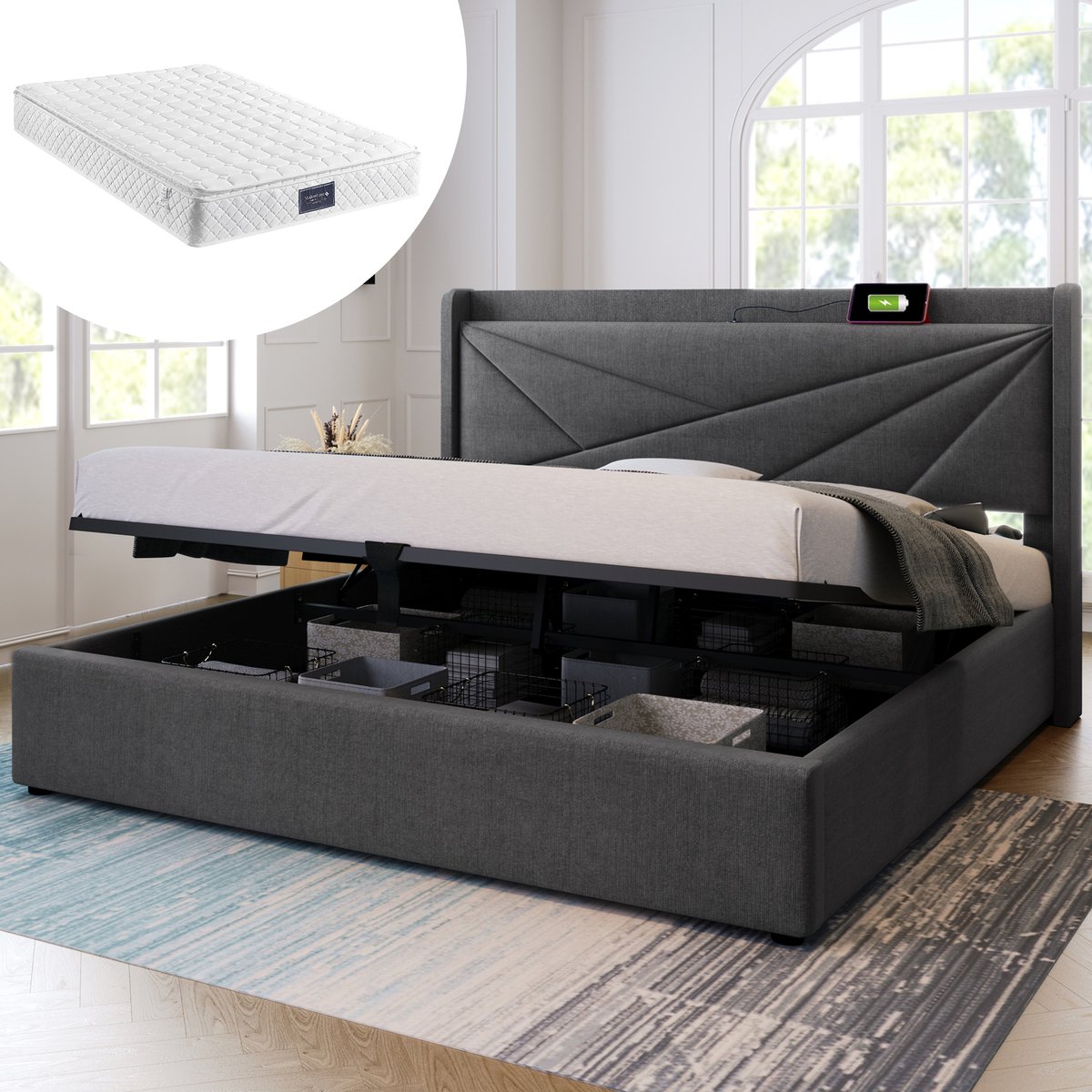 Bedframe - 140x200 Cm - Bed - Met Lattenbodem - Met Opbergruimte - USB C - Grijs - Met Matras