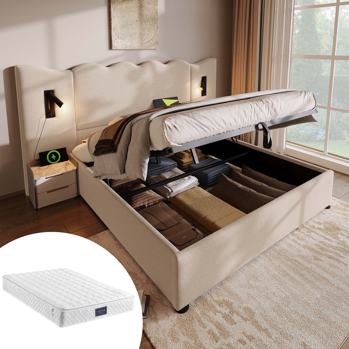 Bedframe - 160x200 Cm - Bed - Met Lattenbodem - Met Opbergruimte - USB C - Beige - Met Matras