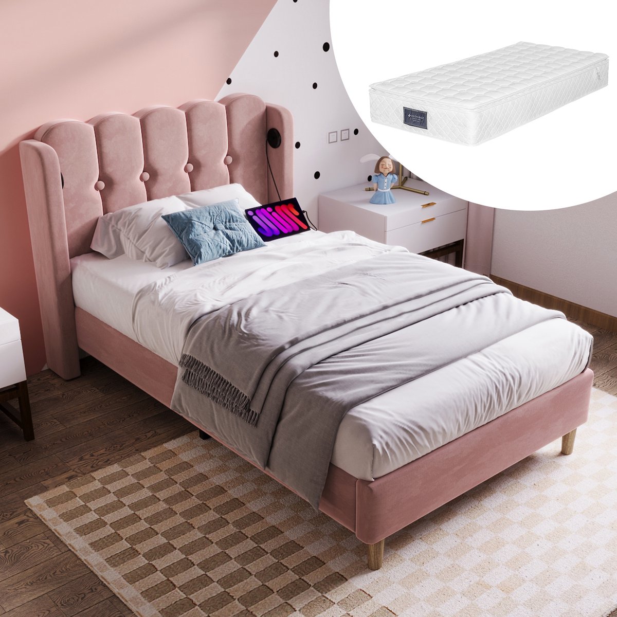 Bedframe - 90x200 Cm - Bed - Met Lattenbodem - USB C - Rose - Met Matras