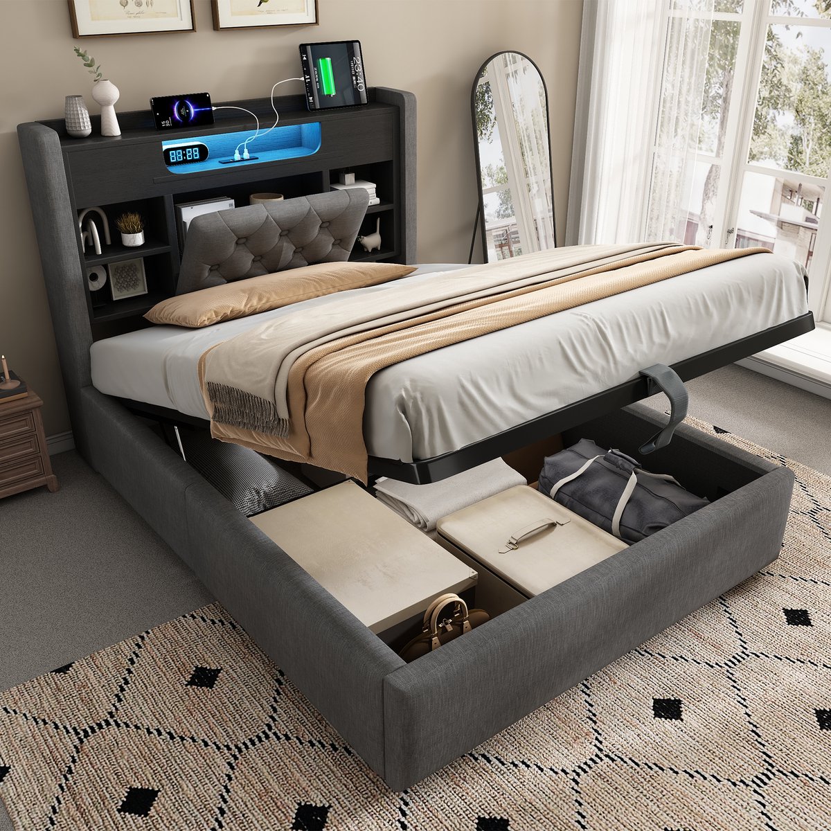 Bedframe - 90x200 Cm - Bed - Met Opbergruimte - LED - USB C - Grijs - Zonder Matras